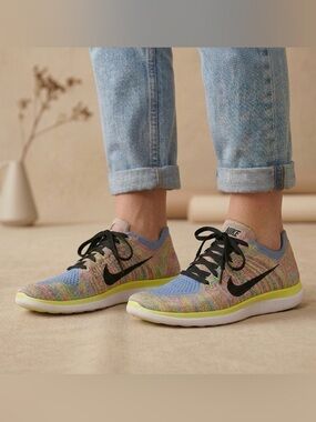 Nike Womens Free RN Flyknit Neon Rainbow Sneakers